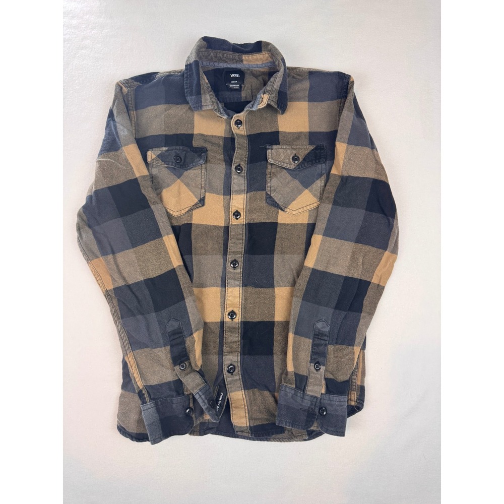 Vans Plaid Flannel Shirt Men's Medium Tailored Fit Brown Black Button Up